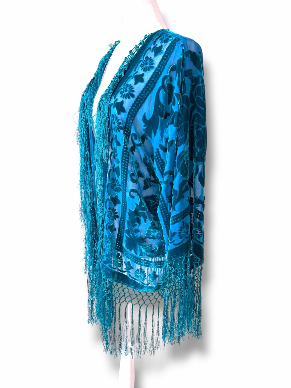 Maya Boutique Turquoise Teal Silk Burnout Velvet Kimono MSRP $400 - Picture 6 of 16